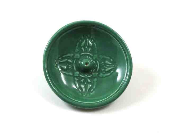 De Baun Fine Ceramics: Handmade Raku Incense Burner with Dorje in Jade Green