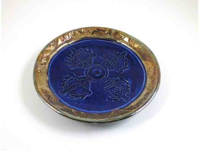 De Baun Fine Ceramics: Handmade Raku Offering Bowl with Double Dorje in Blue and Gold