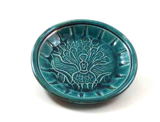 De Baun Fine Ceramics: Handmade Ancient Peacock Motif Offering Bowl in Teal