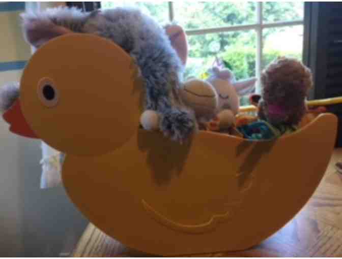 Yellow Duck Bath Toy Holder with four toys