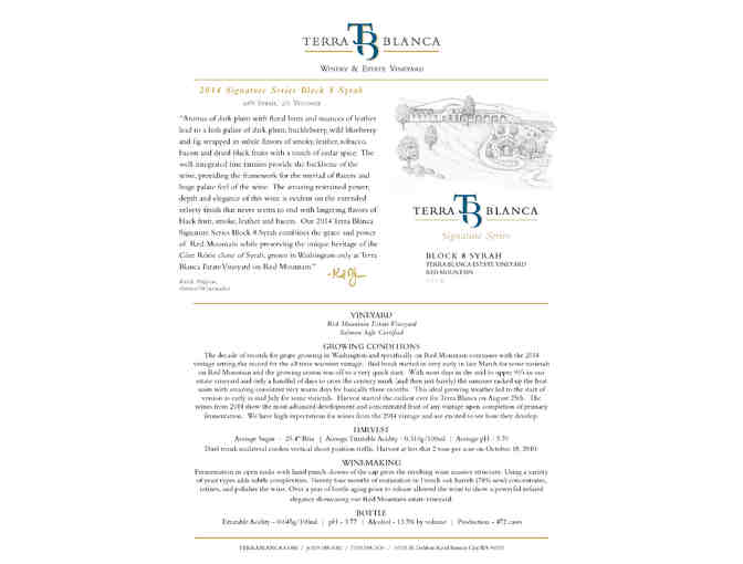 Terra Blanca 2014 Signature Series Block 8 Syrah
