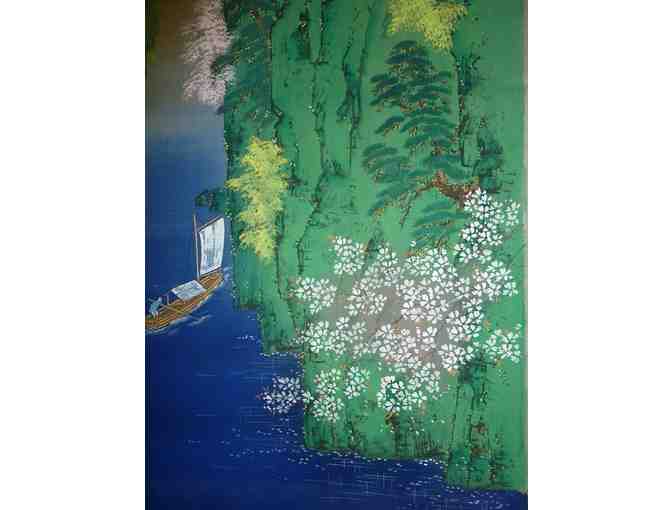 Japanese silk painting: Landscape, Lake with Boat