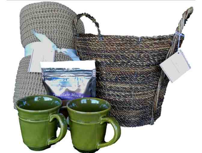 Cozy Cocoa Pottery Barn Gift Basket: 2 Mugs, Blanket & Ghiradelli Chocolate Mocha Mix
