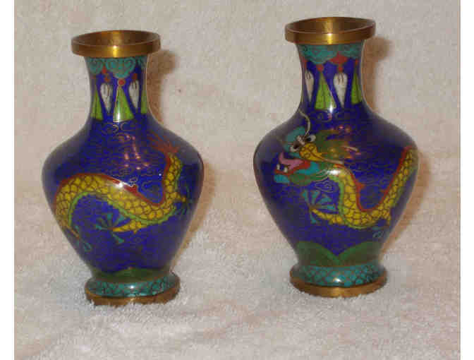 Cloisonne Blue Dragon pair of small vases