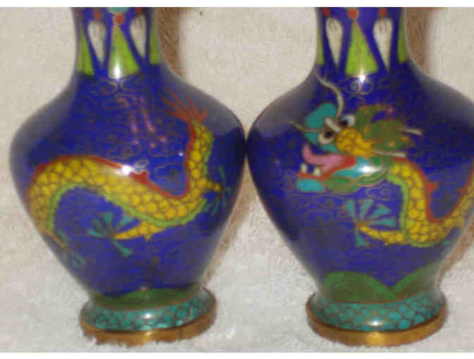 Cloisonne Blue Dragon pair of small vases