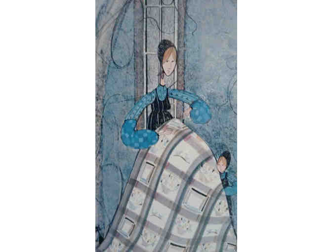 P.Buckley Moss, framed Amish art print plus three 'Moss-like' dolls