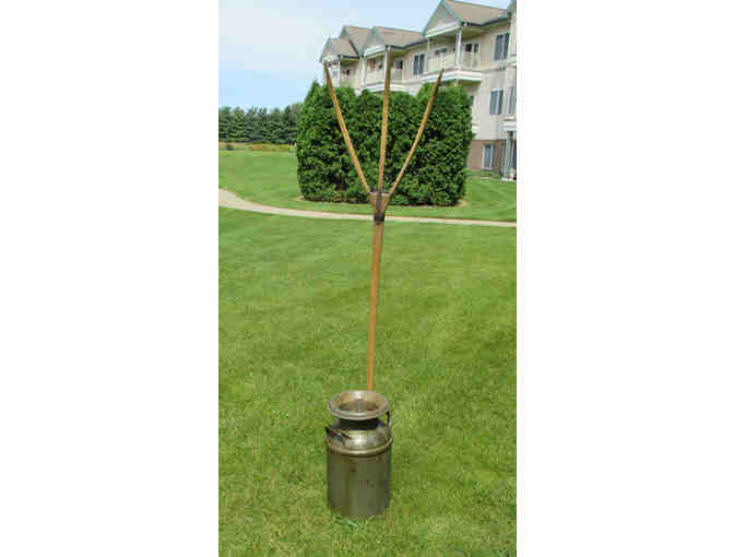 5-gallon milk can and antique, hand-made wooden pitch fork