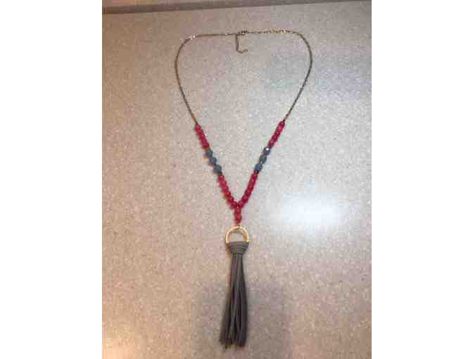Pink and Blue Stone Long Necklace with Grey Leather Tassle and Gold Chain