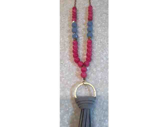 Pink and Blue Stone Long Necklace with Grey Leather Tassle and Gold Chain