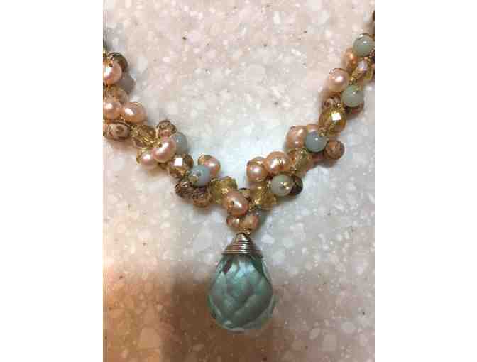Pastel Pearl, Crystal and Stone Necklace on Braided Gold Silk Thread