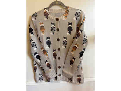 CARDIGAN SWEATER-LIGHT TAN WITH DOGS-SIZE M