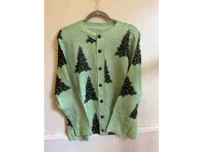 CARDIGAN SWEATER-GREEN WITH HOLIDAY TREES-SIZE M