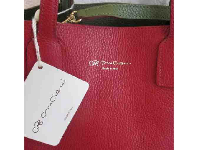 Cruciani Medium Leather Reversible Tote/Purse in Olive and Crimson