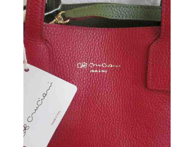 Cruciani Small Leather Reversible Tote/Purse in Olive and Crimson