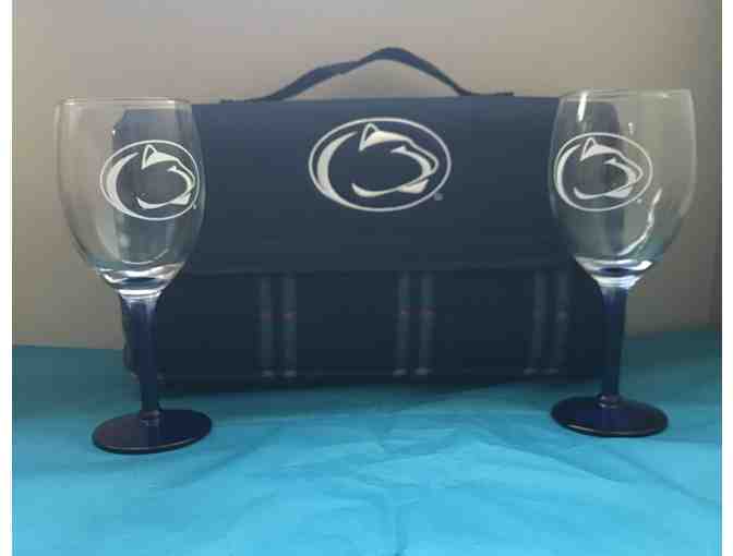 Penn State blanket and Two PSU wine glasses with some treats from Trader Joe's