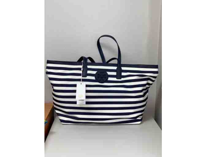Tory Burch Navy and Ivory Stripe Tote