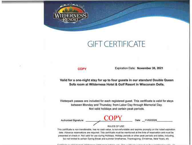 Wilderness Resort - One Night Stay w Waterpark Passes and 4 Take Flight Tickets