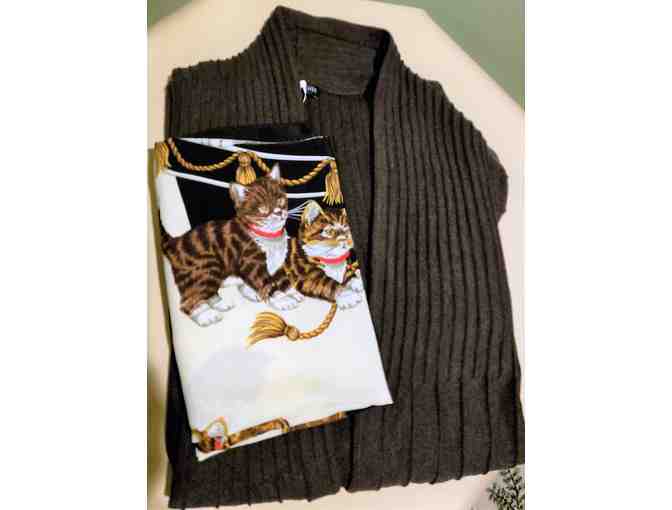 EILEEN FISHER PLEATED CARDIGAN (LARGE) WITH SILK SCARF WITH CATS