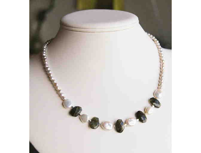 Necklace - Irregular Labrodorite Ovals, Freshwater Pearl Coins and Rounds, Silver Accents