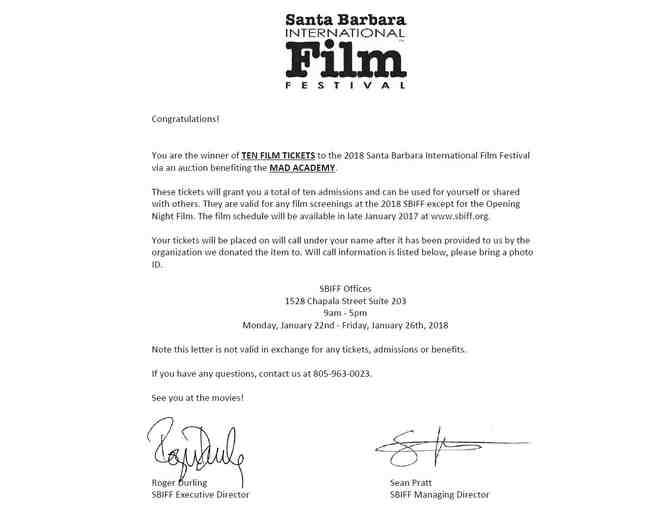 Santa Barbara International  Film Festival 2018 - Ten Film Tickets