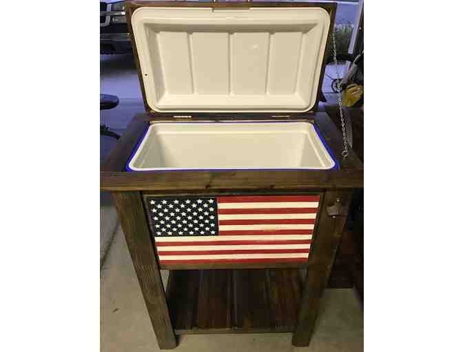 Rustic Wooden Cooler Displaying a Wood American Flag