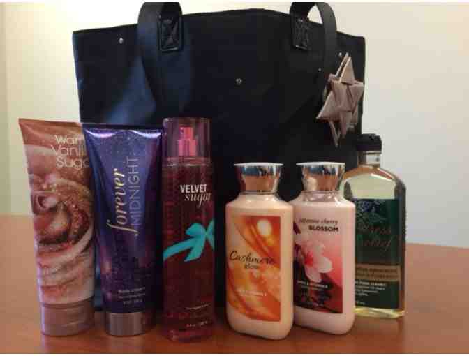 Scarves of Love - Ladies purple and green scarf and assorted Bath and Body Works products