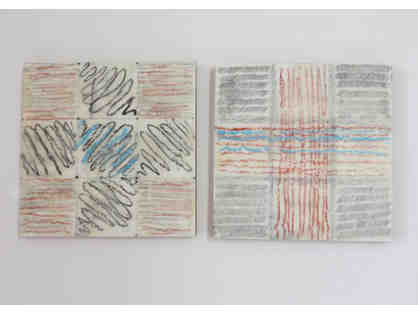 Diptych paintings of wax, graphite, and oil by Betsy Ratzsch titled Crossroads