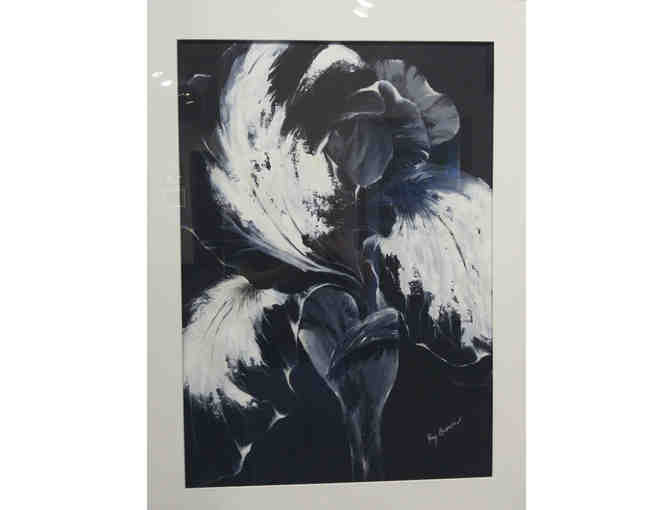 Framed acrylic on black paper by Roy Brown titled White Iris