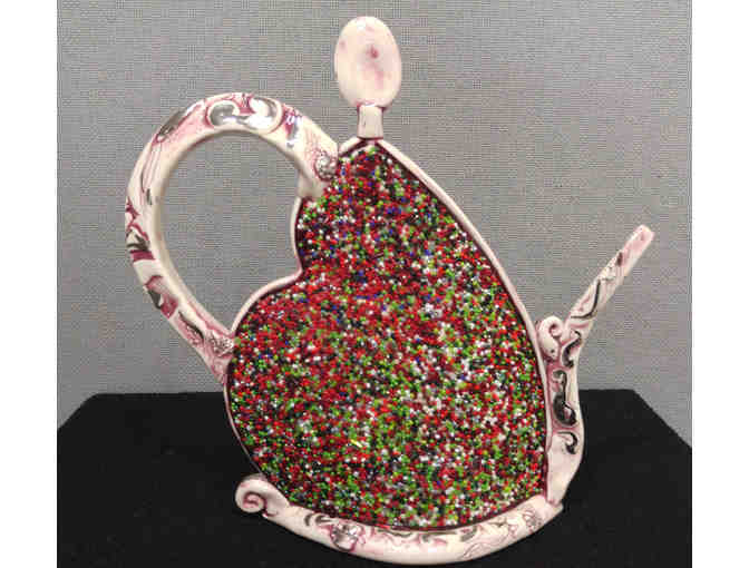 Beaded teapot made of clay by Madeline Kaczmarczyk