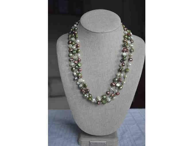 Handmade Bead Necklace- White, Chocolate and Green Freshwater Pearl