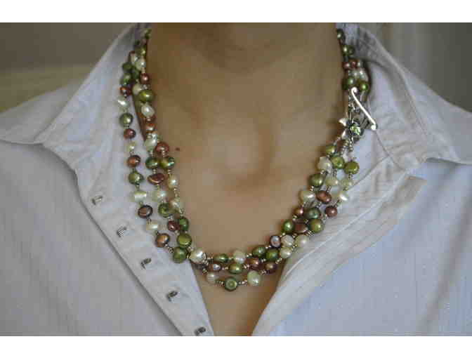 Handmade Bead Necklace- White, Chocolate and Green Freshwater Pearl