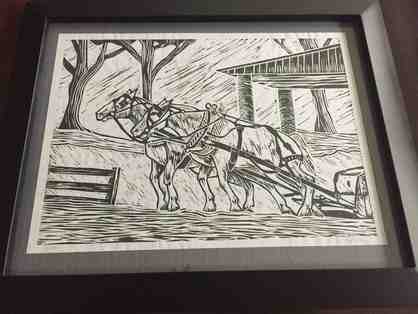 Horses and cart linoleum cut print