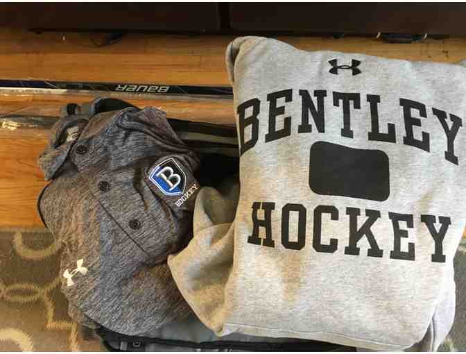 Bentley College Duffel Bag, 2 Hockey Sticks, Men's Sweatshirt, & Golf Shirt