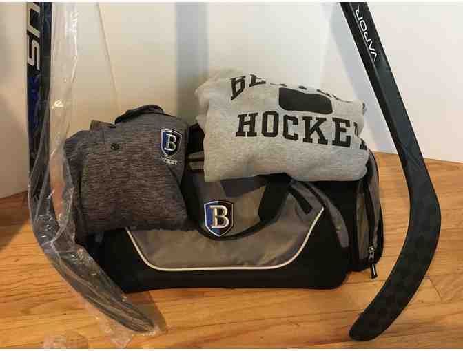 Bentley College Duffel Bag, 2 Hockey Sticks, Men's Sweatshirt, & Golf Shirt