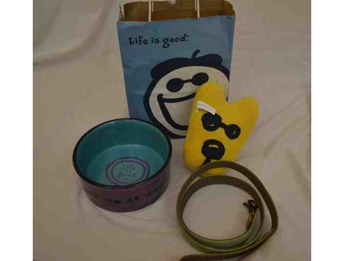 Life is Good food bowl, toy and leash