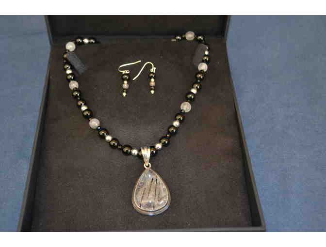 Stunning Black Rutilated Quartz Pendance Necklace and Earrings Set