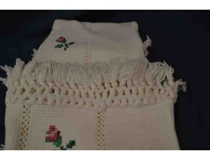 White Afghan Blanket with Roses