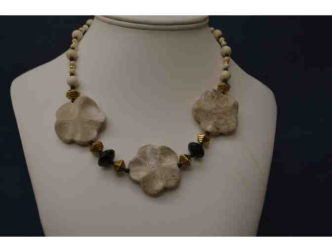 Flower Coral, Gold and Onyx Necklace and Earring Set