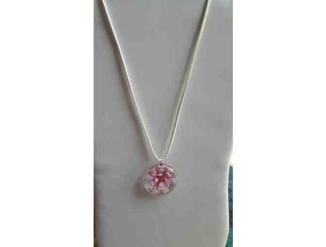 Glass Pink Flower Pendant and Cord Necklace