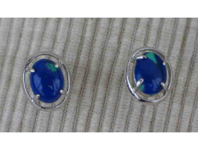 Blue Stone/Silver/Pearl earrings Jewelry Trio