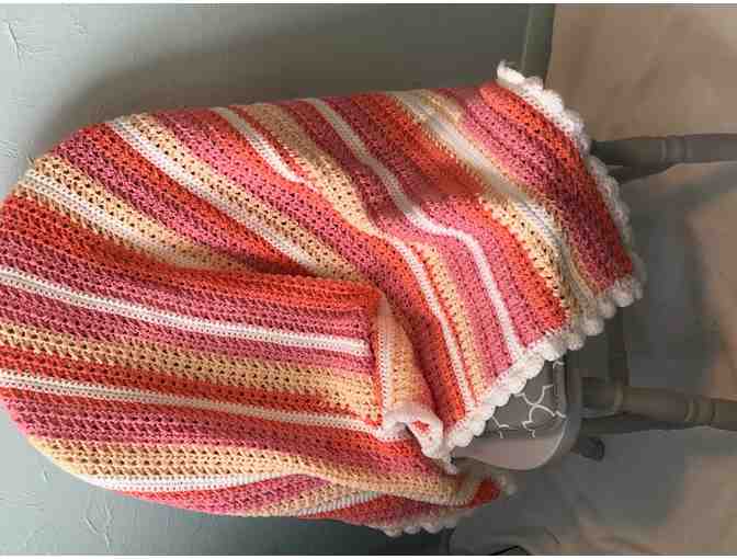 Hand crocheted Pink and White Striped Baby Blanket