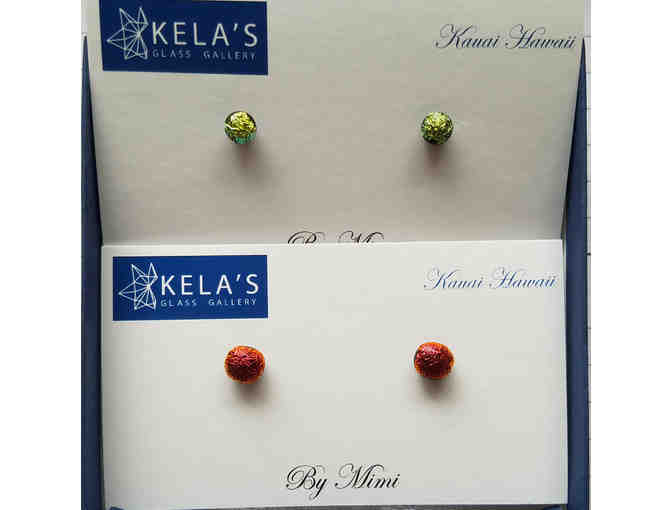 2 Pairs of Stud Dichroic Glass Earrings by Kela's Designs with Leaf Shaped Jewelry Dish