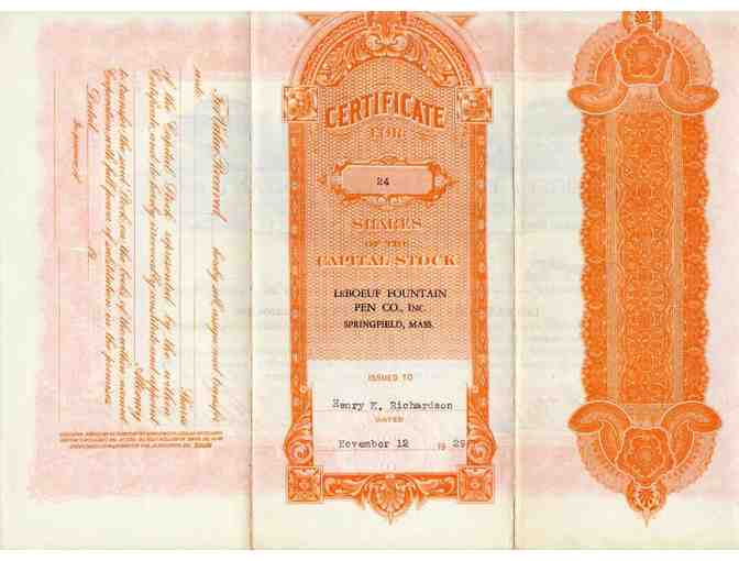 Historic Stock Certificate, Le Boeuf Fountain Pen Co., November, 1929