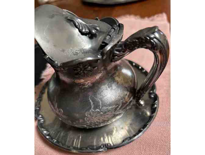 Quadrupled Plated Silver Syrup or Creamer, Small Vintage Pitcher/ Hinged Lid and Saucer