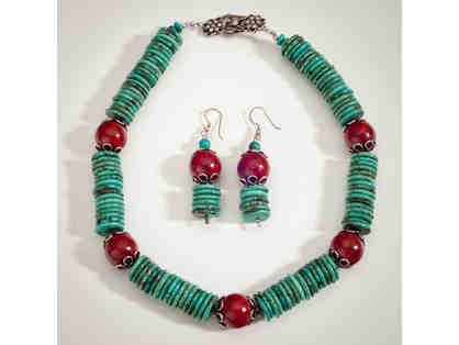 Turquoise with Coral Tone Bead Necklace and Earrings