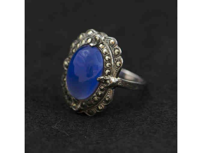 Sterling Silver Ring with Marcasite Chips and Glass or Agate Stone