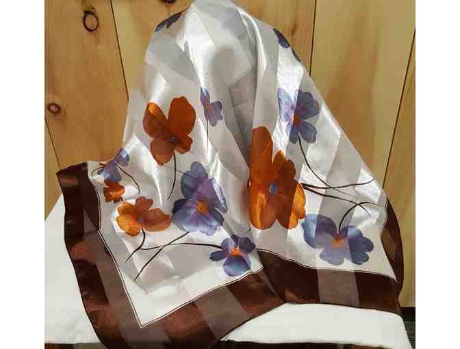 Vintage Silk Scarf with Orange and Blue Flowers