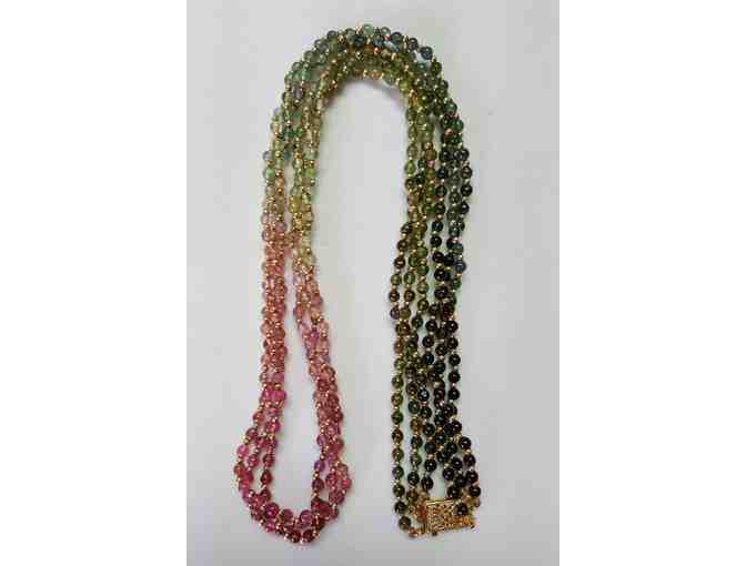 14K Gold Triple Strand Tourmaline Bead Necklace