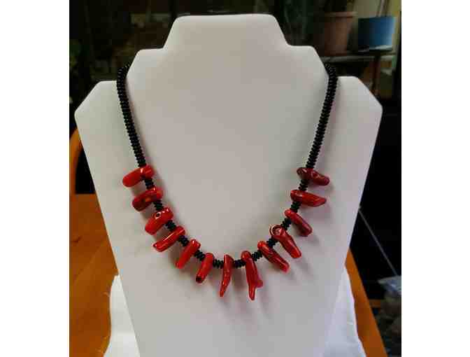 Red Coral and Black Czech Glass Bead Necklace
