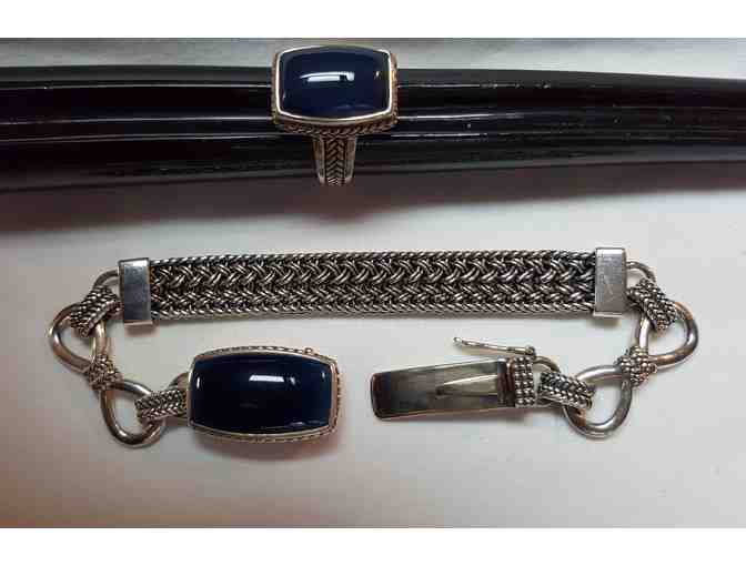 Sterling Silver and Lapis Bracelet with Ring Set by Barse